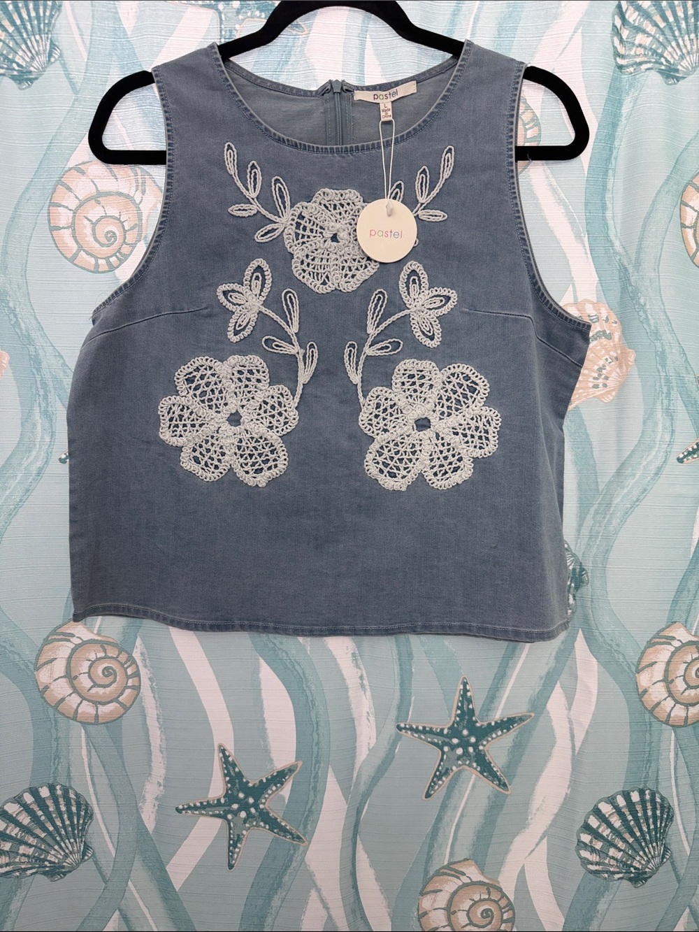 Pastels Blue Denim Cropped Tank with White Crochet Floral